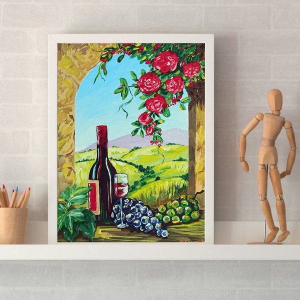 Digital vineyard landscape print, instant download restaurant picture, mediterranean wall decor with bottle of wine, printable man cave gift