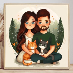 Retrato digital de casal de família com animais de estimação, presente personalizado, desenho de caricatura personalizado, ilustração de casal, presente de aniversário, melhor amigo