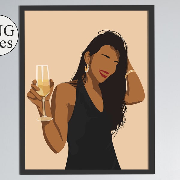 Black girl with glass champagne Digital print, African American Print, Wine Lover Alcohol Poster, Color Blocks Illustration, Wine Shop Boho