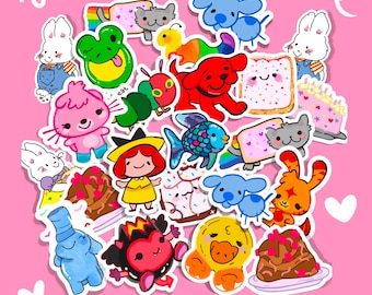 May include: A collection of colorful cartoon stickers featuring various animals, food items, and characters on a pink background. The stickers include a frog, dog, cat, rabbit, fish, cake, and more. White outlines define each sticker.