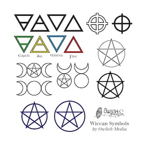 May include: A collection of Wiccan symbols, including the pentacle, the triple moon, and the elements of earth, air, fire, and water. The symbols are drawn in black and white, with some in color. The text "Wiccan Symbols by Owlsih Media" is at the bottom of the image.
