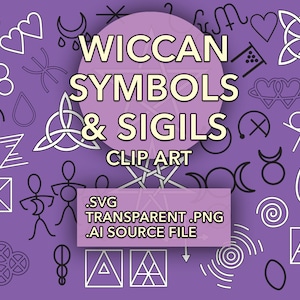 May include: A collection of Wiccan symbols and sigils in white, set against a purple background. The image includes various shapes, such as hearts, moons, and geometric figures. Text reads "Wiccan Symbols & Sigils Clip Art .SVG Transparent .PNG .AI Source File."