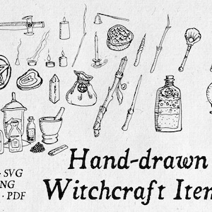 Hand-drawn Witchcraft & Wicca Supplies line art in vector and PNG