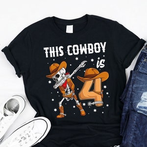 Cowboy skeleton 4 Birthday shirt, Tank, Hoodie, 4th Birthday Kids Western Themed, 4th B-day Gifts idea for country life kids turning 4