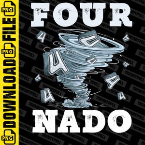 Könnte beinhalten: Schwarzes Grafikdesign mit den Wörtern "FOUR" und "NADO" in Weiß und einem stilisierten Tornado, der aus der Zahl "4" gebildet wird. Das Design hat einen verspielten, cartoonartigen Stil, mit einem "DOWNLOAD FILE"-Label links.