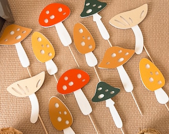 Mushroom Cupcake Toppers - Woodland Baby Shower - Cottagecore Toadstool Decor