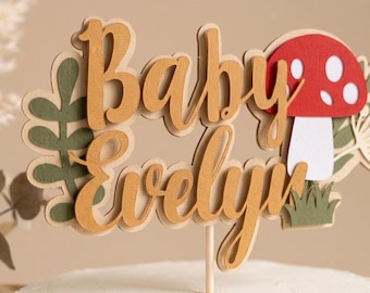 Mushroom Baby Name Cake Topper - Forest Baby Shower Decorations