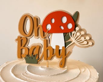 Mushroom Oh Baby Cake Topper - Fun Guy Cottagecore Baby Shower Decor