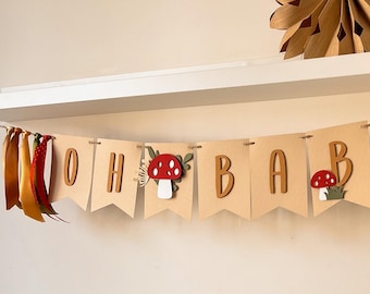 Mushroom Baby Shower Banner - Oh Baby Enchanted Forest Party Decor - Cottagecore