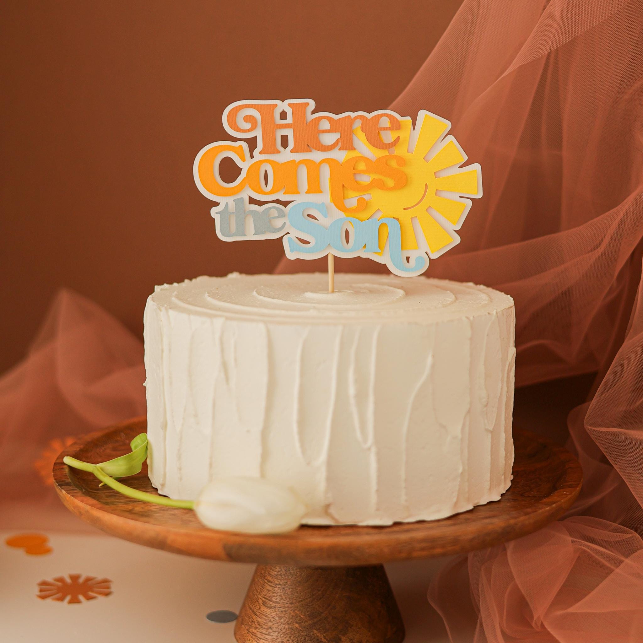 "Here Comes The Son" Boho Sun & Daisy Cake Topper Set | 42-Piece Baby Shower Decor In Orange & Blue - View #13