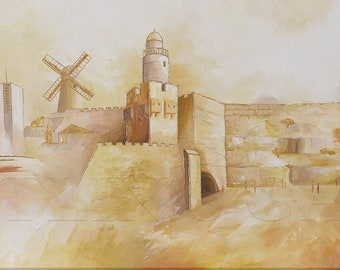 Pintura de Jerusalén Vieja y Nueva - Judaico - Arte judío - Kotel - Ciudad Vieja - Tierra Santa - Impresión sobre lienzo - Enrollado en tubo - Envío gratuito