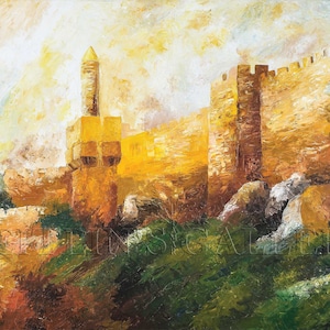 May include: A painting of a golden city wall with a tower and a minaret. The wall is painted in shades of yellow, brown, and orange. The tower is tall and slender, with a pointed top. The minaret is shorter and wider, with a rounded top. The painting is set against a background of a cloudy sky.