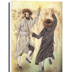 May include: Two men in traditional Jewish clothing are dancing with their arms raised. The man on the left is wearing a white robe and a black hat. The man on the right is wearing a black robe and a fur hat. The background is a light yellow color with a blurred image of people.