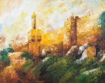 Jerusalem walls - Jewish Art, Judaic, Jewish painting - Old City - Holy Land - Print on canvas - Rolled up in a tube - Free shipping