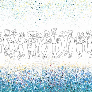 May include: A black and white line drawing of a group of people dancing. The people are wearing traditional clothing and hats. The background is a white with blue and yellow splatter paint.