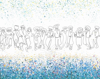 Chassidim dancing - Jewish happiness- Jerusalem art ,Modern wall art, Judaica one line drawing print on canvas - Free shipping