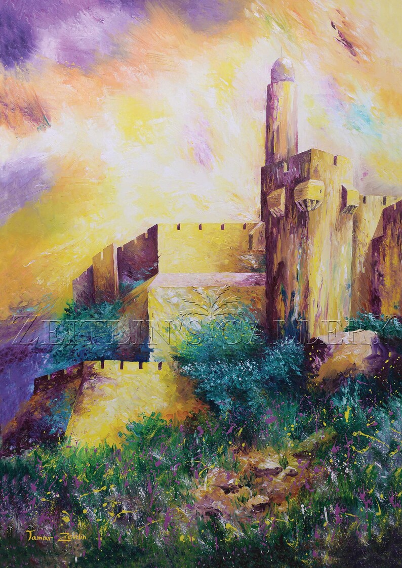 May include: A painting of a yellow stone building with a tall tower and a purple sky. The building is surrounded by green trees and bushes. The painting is signed "Tamar Zeitchik" in the lower left corner.