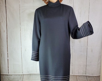 Vintage Modest Wool Dress CHETTA B for Neiman Marcus A-Line 80's Black Fully Lined Mock Turtleneck White Stitch Details Long Sleeve