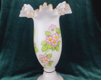 Vintage American Made Blown White Cased Glass Vase Ruffled Crimped Rim Hand Painted Flowers Gold Rim