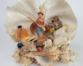 Vintage Decorative Seashell Coral Folk Art Diorama Souvenir Sculpture Pacific Islander Fisherman Figure