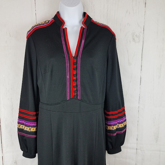 Vintage 1970s Black Midi Empire Dress Modest Cotto