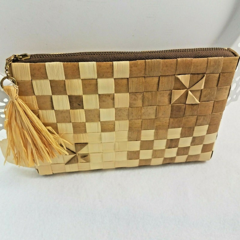 Lauhala Hand Woven Small Clutch Purse Bag Hawaii Tribal Tiki Print Vintage 50/'s 1960s