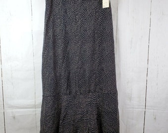 Vintage Karavan Black Crepe Rayon Lined Fit Flare Maxi Skirt 9" Ruffle Hemline Tiny Squiggly Line Print L