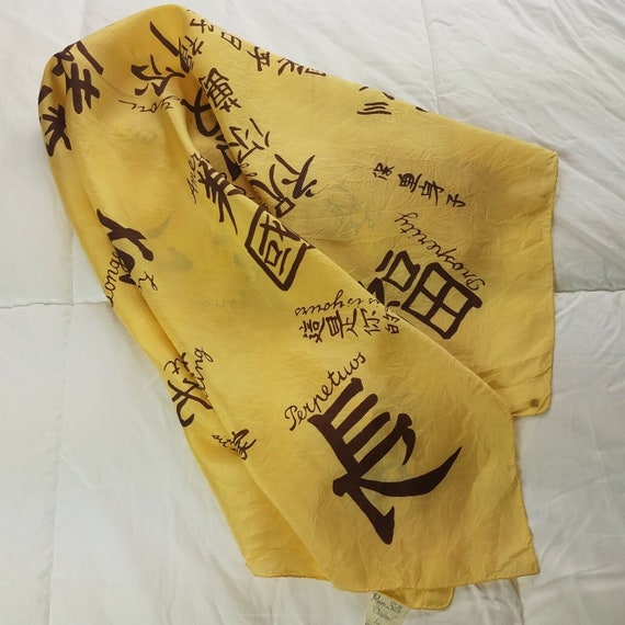 Yellow Silk Scarf Kanji Japanese Calligraphy Tran… - image 10