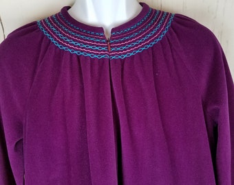 Vintage Vanity Fair Magenta Velour Robe Size Medium Lounge Wear Smocking Trim USA Full Length