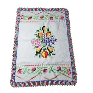 Vintage Hand Made Cross Stitch Fruit Center Floral with Crochet Trim Table Cloth Topper