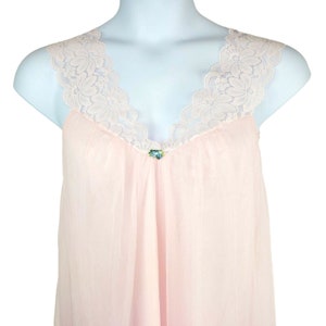 Vintage Long Light Pink Nightgown Layered Satin Nylon Chiffon Sleeveless Lace Straps V Neck made in USA