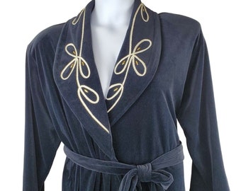 Vintage Velvet Robe Size Large Dark Slate Blue Long Embellished Shawl Collar Hollywood Regency by Hamilton Gold