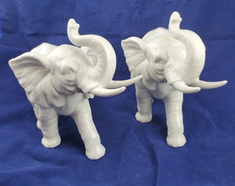 Lot of 2 White Porcelain Elephant Figurines Trunks Up Walking Vintage Made in Japan