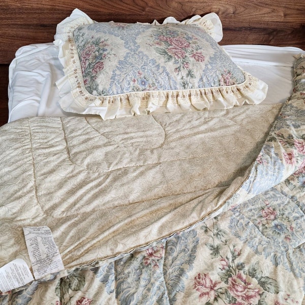 Gunne Sax Bedding Jessica McClintock Floral Lace Ribbon Twin Comforter and Pillow Sham Vintage Cottage Lace Ruffles