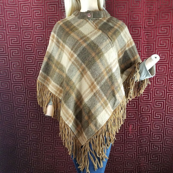 Vintage Southwestern Cowgirl Horse Blanket Sullivan Albuquerque Brown Plaid Wool Leather Fringe Boho Cape Poncho Zipper Close Etsy Canada