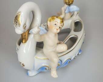 Swan with Cherubs Pansy Ring Vase Japan UCAGCO Porcelain China Hand Painted Gold