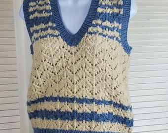 Hand Knit Wool Sweater Vest Blue Stripe Rib Knit Hem on Cream White Body V-Neck Preppy
