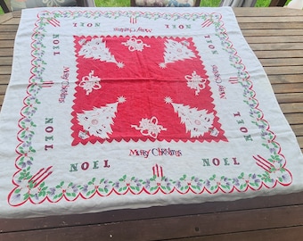 Vintage Square Game Table Tablecloth Merry Christmas Noel Trees Red White Card Table Linen 49 x 47