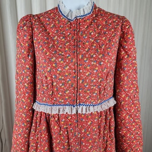 Vintage Red Prairie House Quilted Long Robe Dress by Rosemary Long for New Perspectives Eyelet Lace Details