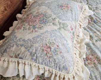Gunne Sax Bedding Jessica McClintock Floral Lace Ribbon Twin Comforter and Pillow Sham Vintage Cottage Lace Ruffles