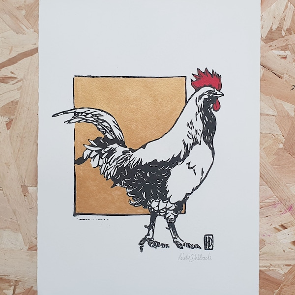 Linogravure de coq