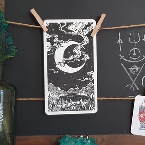 Linocut tarot card of the moonwitchcraft witch folklore stationery scrapbook collection curiosity engraving handmade linocut