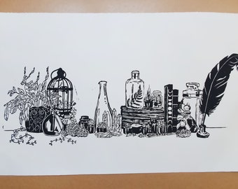 May include: Black and white line art print of a still life featuring a birdcage, potted plants, bottles, and a quill pen.