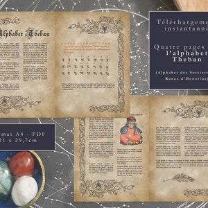 Può includere: Quattro pagine di un documento PDF stampabile sull'alfabeto tebano, noto anche come l'alfabeto dei maghi o rune di Honorius. Il documento è in stile vintage con sfondo marrone e testo nero. Il documento include una tabella dell'alfabeto, una descrizione dell'alfabeto e un'illustrazione di una persona in una veste rossa.