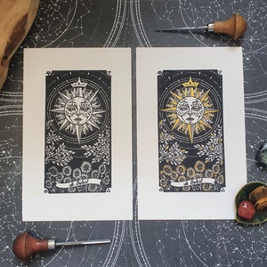 Linogravure carte de tarot du Soleil - witchcraft sorciere folklore papeterie scrapbook collection curiosité gravure handmade cartomancie