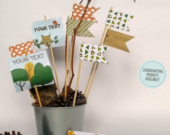 ÉTIQUETTES DE BUFFET IMPRIMABLES pour une soirée à thème "forêt", drapeaux décoratifs imprimables, décorations personnalisables pour un buffet d'automne