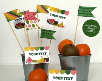 PRINTABLE FOOD LABELS and decorative straw flags for "tutti frutti" summer party,  diy customizable decoration for exotic fruit buffet