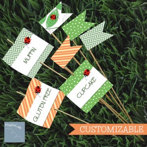 Etichette per cibi e decorazioni stampabili per buffet in giardino, stampabili per battesimo primaverile, decorazioni insetti del giardino