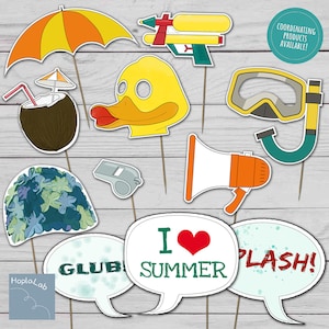 PHOTO BOOTH props for a pool party, Printable diy photo set for pool party