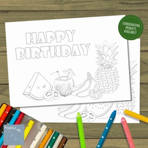 DIBUJOS PARA COLOREAR con temática de frutas imprimibles, entretenimiento infantil para una fiesta temática de frutas, tarjetas para colorear para el cumpleañero